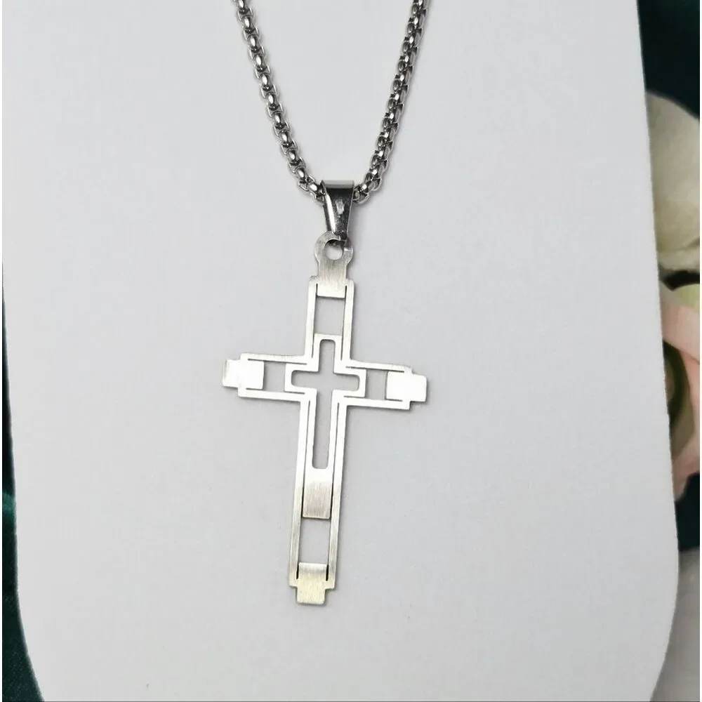 Silver Hollow Double Cross Pendant Necklace Modern 24” Stainless Steel Box Chain
